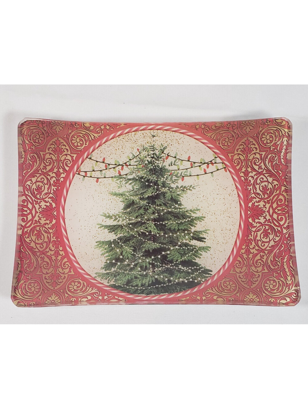 Michel Design Works Christmas Tree Glass Soap Dish Trinket Tray Red Gold 5.75"
